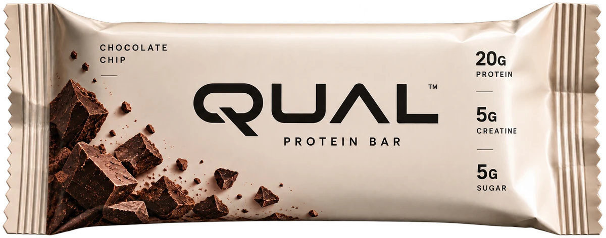 QUAL Chocolate Chip protein bar concept packaging: a cream wrapper with the QUAL logo, pieces of dark chocolate, and targets of 20 grams protein, 5 grams creatine and 5 grams sugar.