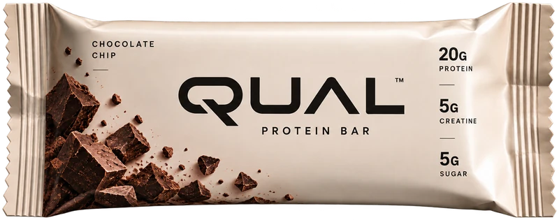 QUAL Chocolate Chip protein bar concept packaging on a dark background.
